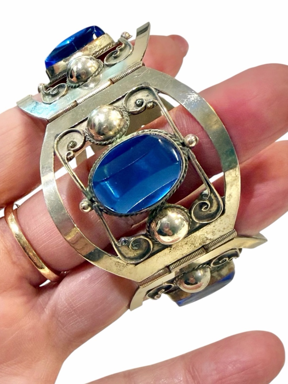 Vintage Taxco Mexico 925 Sterling Silver Blue Glass Panel Bracelet 1950s 42g
